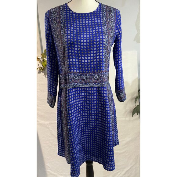Vintage-Inspired Blue Silk Dress With Paisley &Geometric Print 3/4 Sleeves Sz XS - Picture 3 of 16